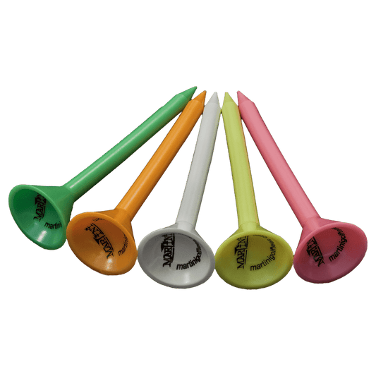 Set of five colorful Martini golf tees in green, orange, white, yellow, and pink, fanned out on white background