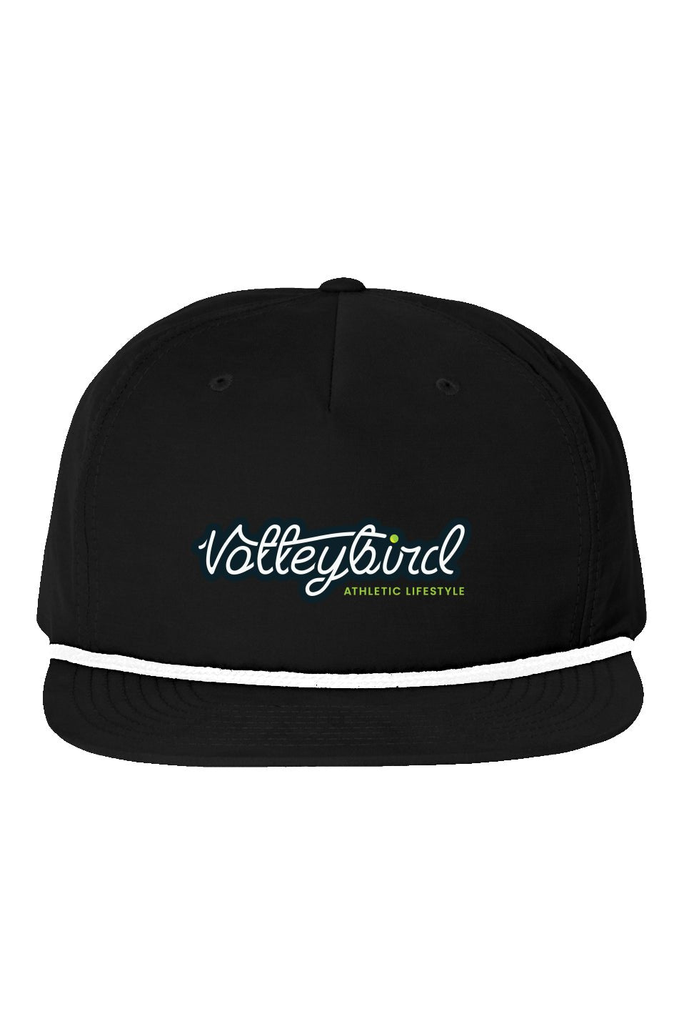 Black 5-panel golf cap by Volleybird with embroidered 'Volleybird Athletic Lifestyle' logo and white trim on the brim.