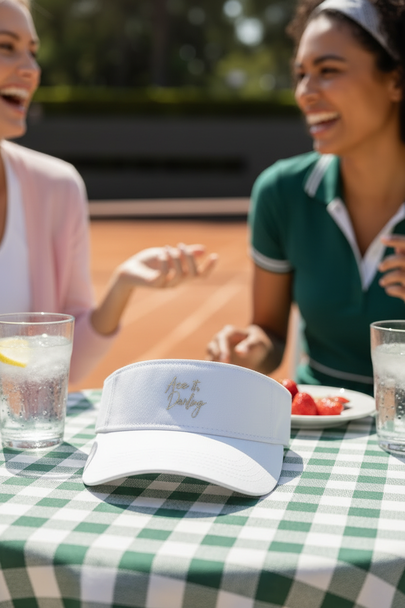 A white visor hat that says Ace It Darling with 'Anna & Darby' embroidered on the front, resting on a green and white checkered tablecloth. The visor is part of The Darling Collection.