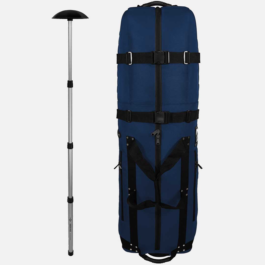 Blue travel bag with black straps and a silver pole on a white background