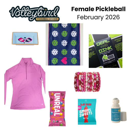 Contents of the February women's Pickleball Box — apparel, accessories, and gear laid out