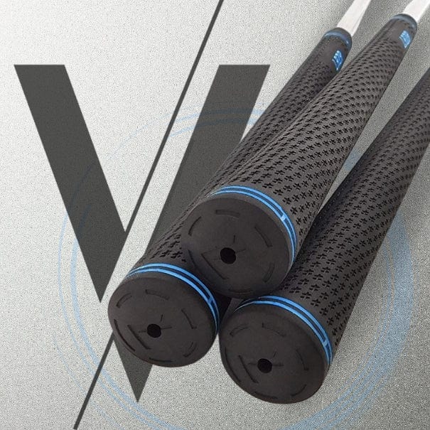 Three black cylindrical golf grips with blue bands on a gray background