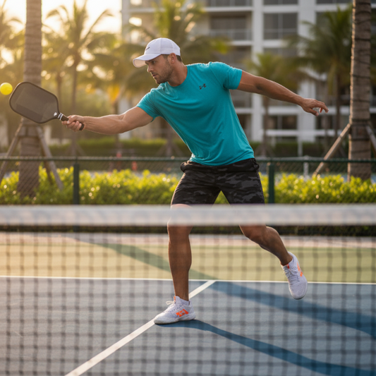 Man playing pickleball on an outdoor court