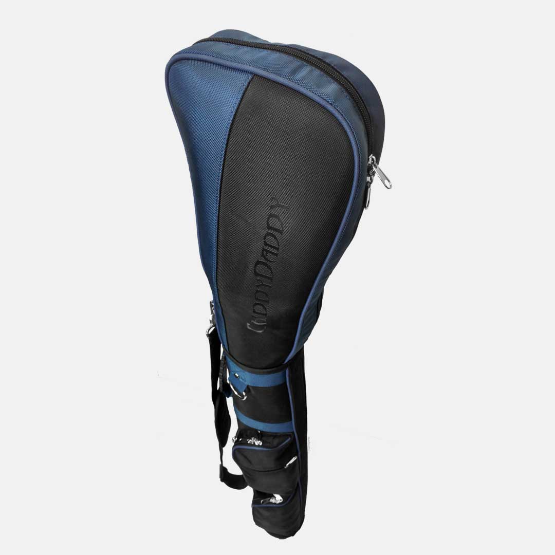 Blue and black golf club head cover on a white background