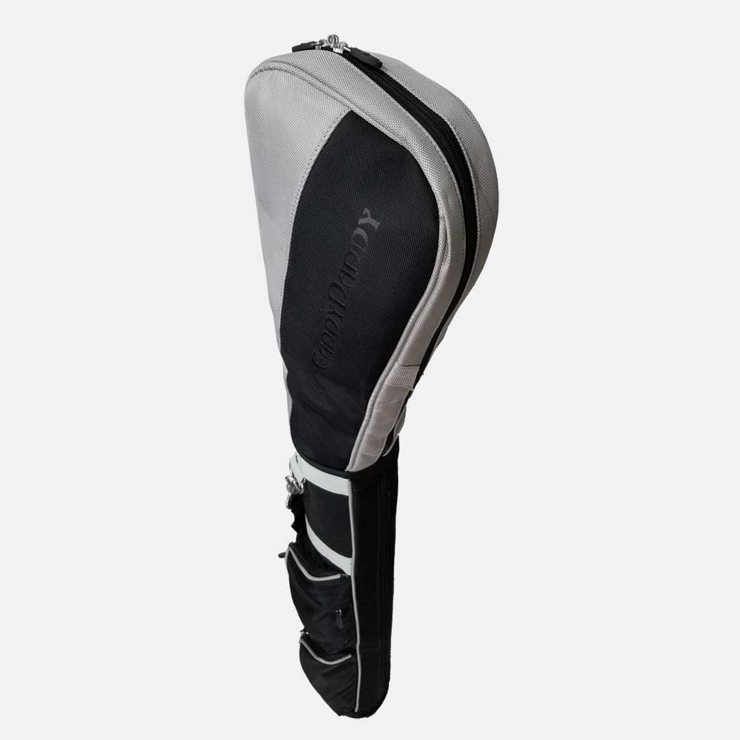 Golf club head cover with black and gray design on a white background