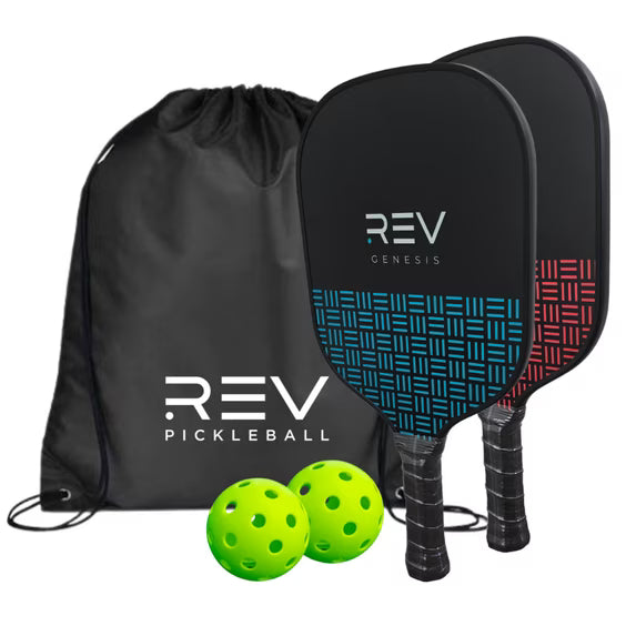 Rev pickleball paddle with two balls and a black drawstring bag on a white background