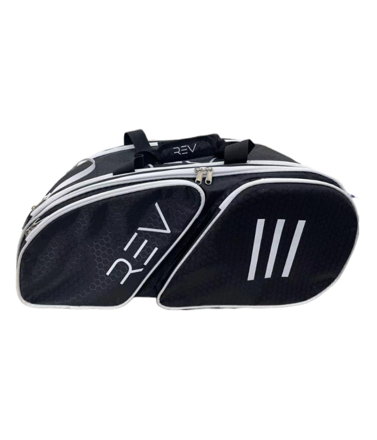 Black and white sports bag with 'REV' branding on a white background