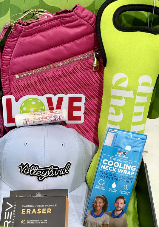 pickleball surprise gift box with hats, cooling wraps, and more.