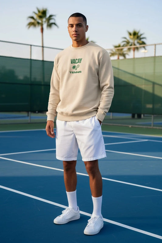 Vacay Tennis Club Crew Unisex Sweatshirt Sand w/ Deep Green Print