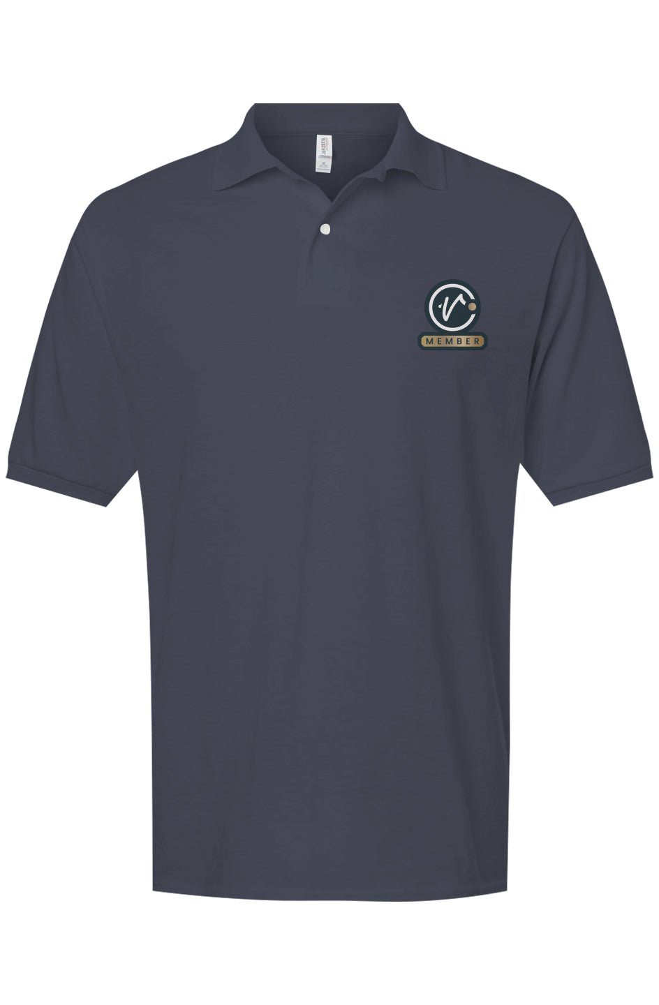 Navy Volleybird polo shirt with chest logo that says 'Member' and sleeve logo reading 'Volleybird Athletic Lifestyle