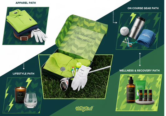 Golf-themed product display with various items on a green and blue background.