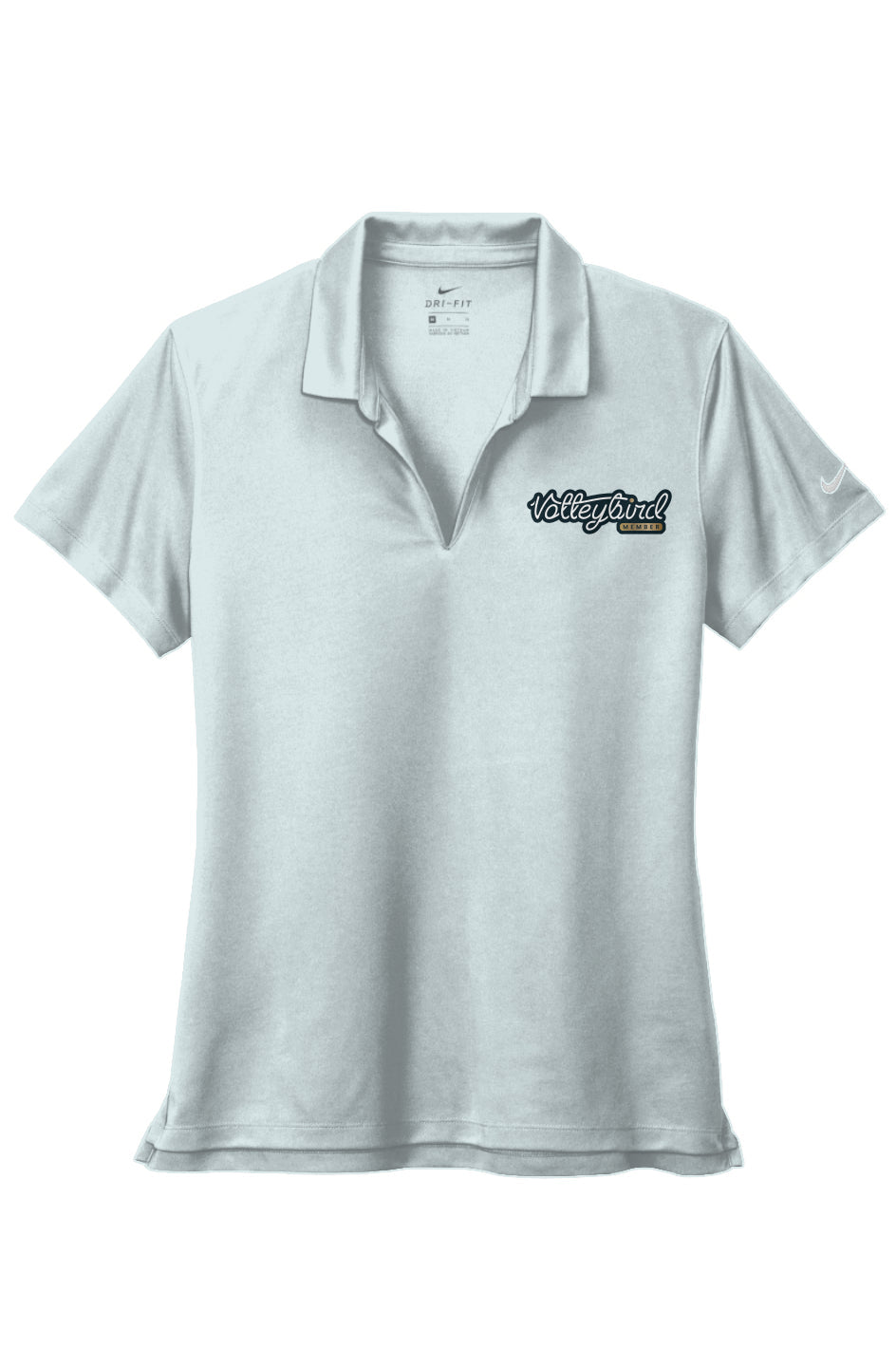 Light gray women's Nike Dri-FIT polo with open collar and embroidered 'Volleybird Member' logo on chest