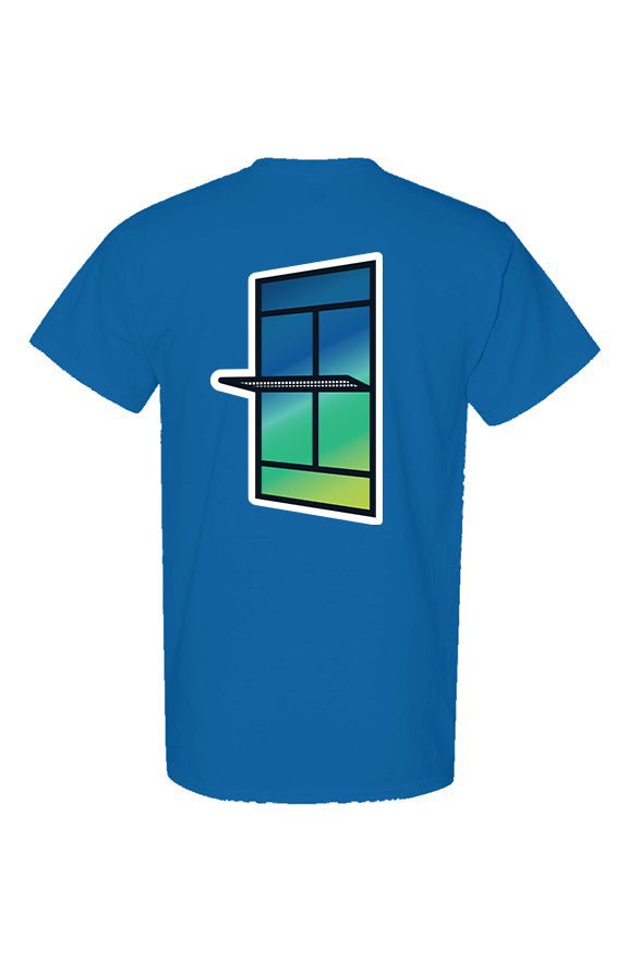 Back of neon blue T-shirt featuring a stylized padel court window graphic with a blue-to-green gradient design