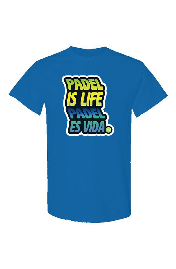 Bright blue T-shirt with 'Padel is Life, Padel es Vida' graphic in yellow, blue, and black with a small padel ball icon