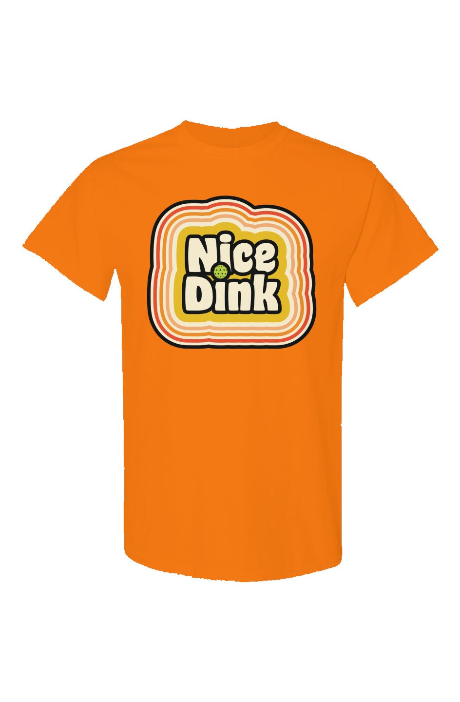 Bright orange Volleybird T-shirt with retro-style 'Nice Dink' graphic in cream, yellow, and orange with a pickleball dot