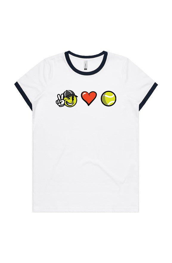 White Volleybird ladies ringer T-shirt with black trim and graphic showing peace sign, heart, and tennis ball emojis