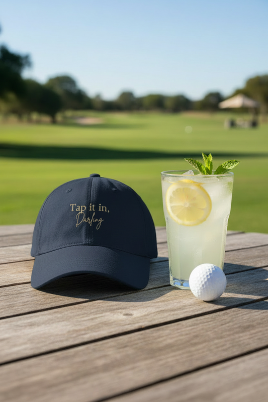 Navy cap with text, glass of lemonade with a lemon and mint, and golf ball on a wooden surface with a golf course background.