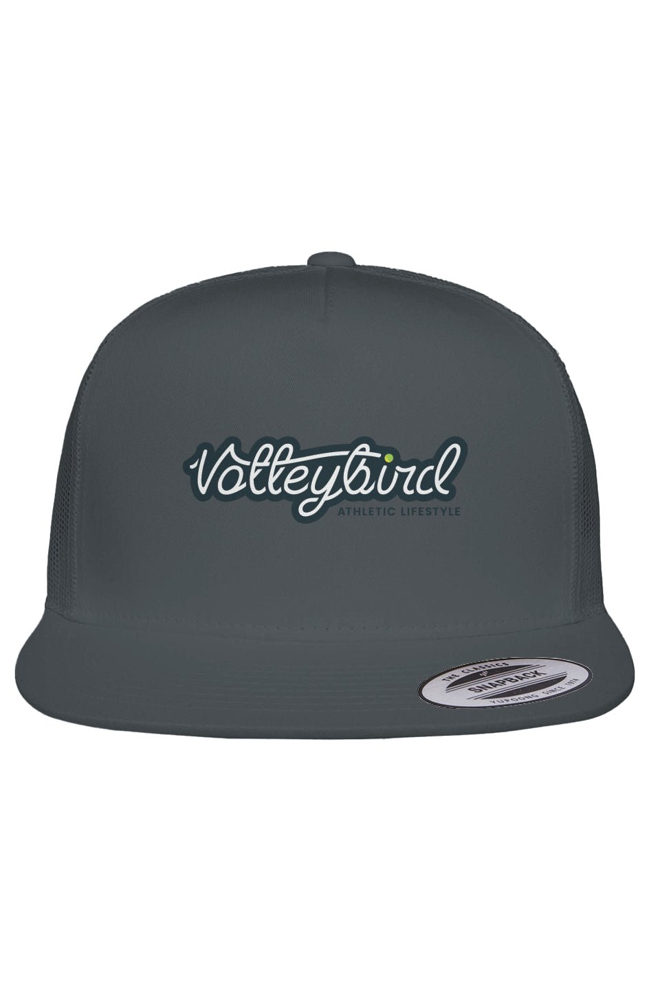Dark gray Volleybird trucker hat with mesh back and embroidered 'Volleybird Athletic Lifestyle' front logo