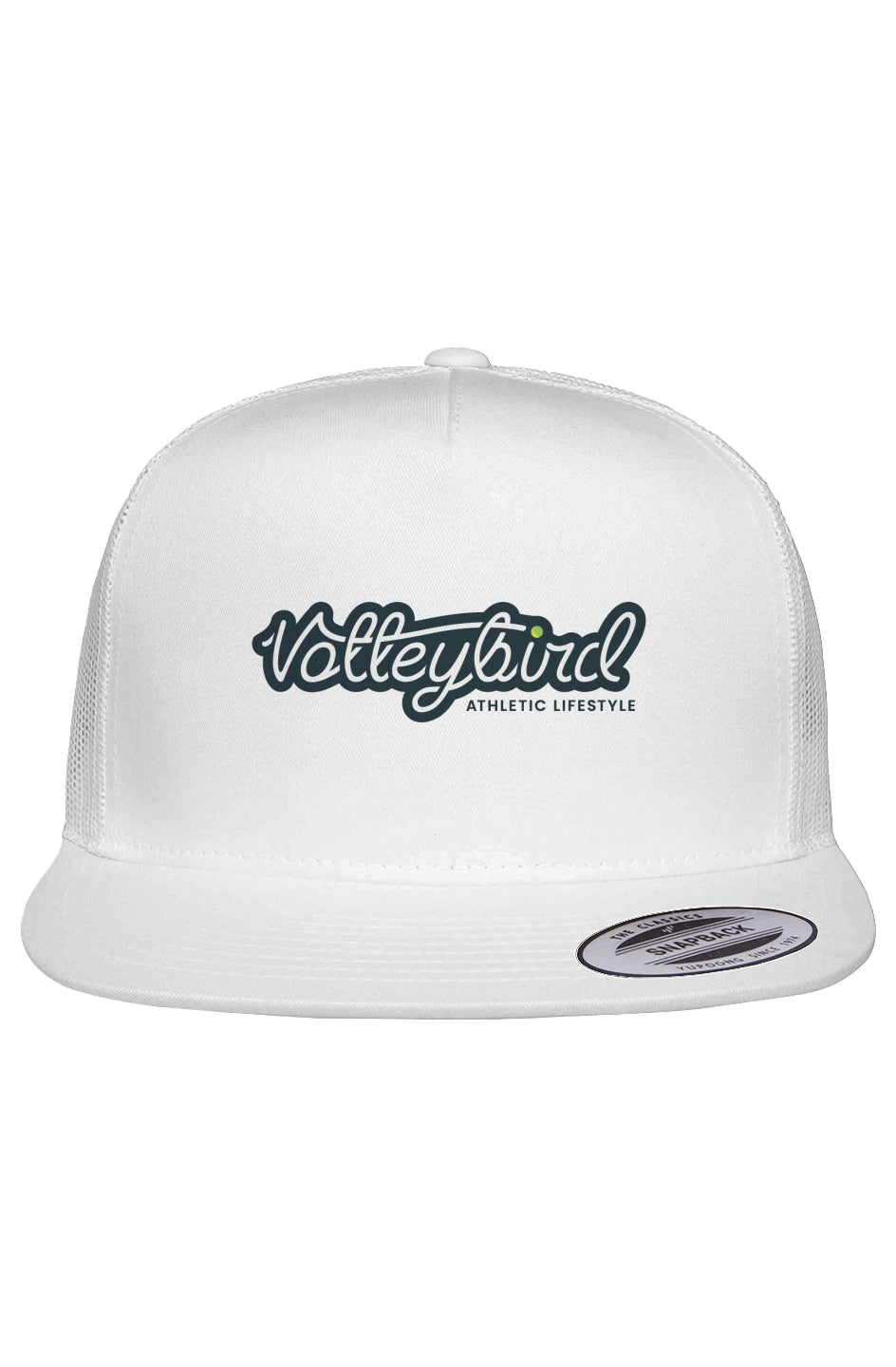 White Volleybird trucker hat with mesh back and 'Volleybird Athletic Lifestyle' embroidered logo on front panel