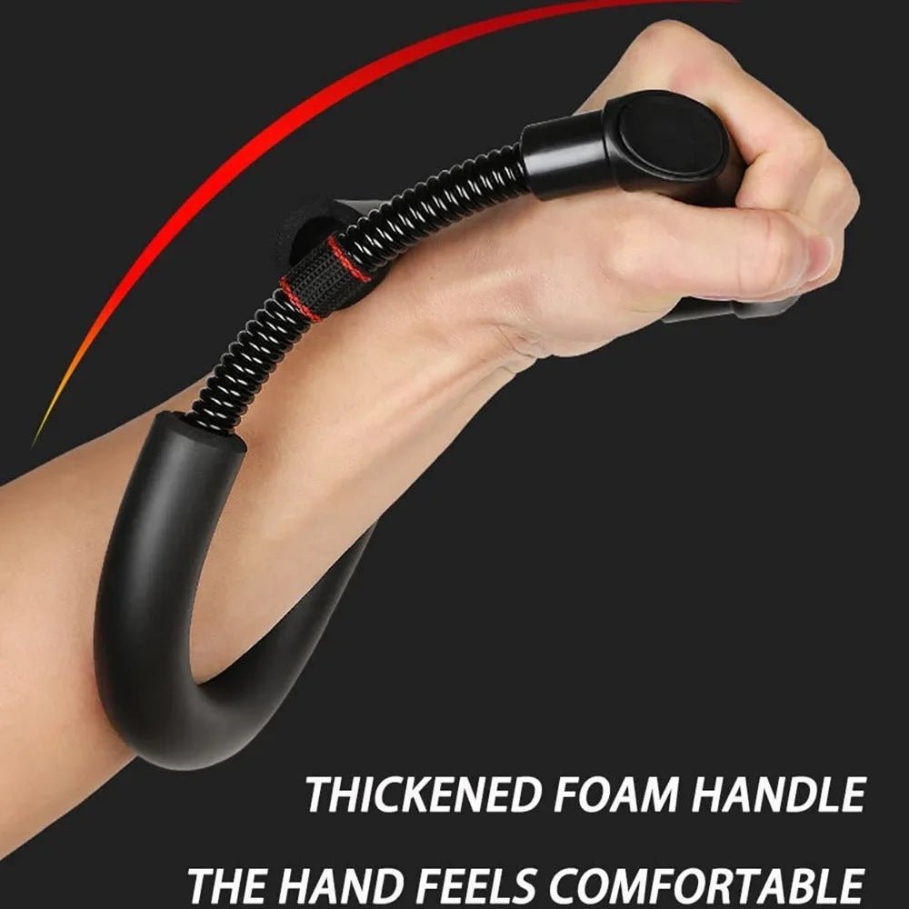 Hand using a black wrist and arm trainer with text on a black background