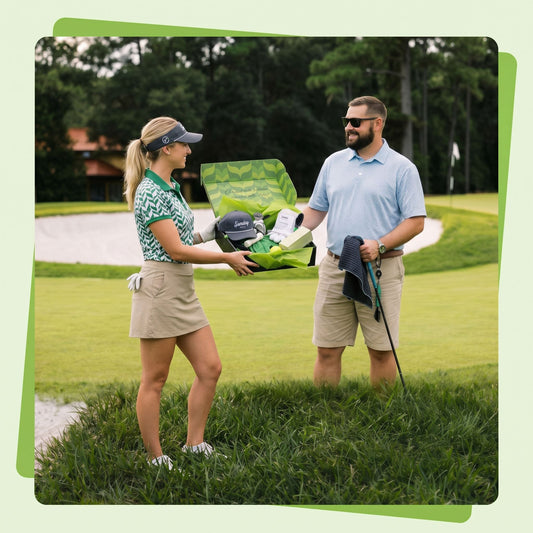 Woman handing a client a VolleyBird gift box