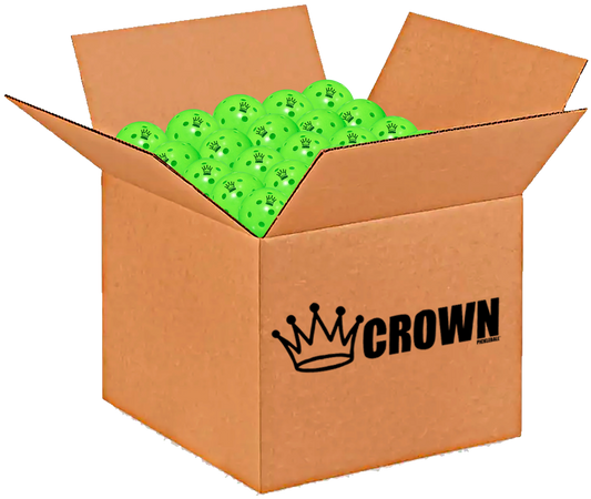 Cardboard box filled with green paper towels, featuring the Crown brand logo.