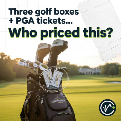 Golf bag with clubs and golf balls on a golf course, with text about golf boxes and PGA tickets.