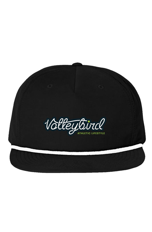 Black 5-panel golf cap by Volleybird with embroidered 'Volleybird Athletic Lifestyle' logo and white trim on the brim.