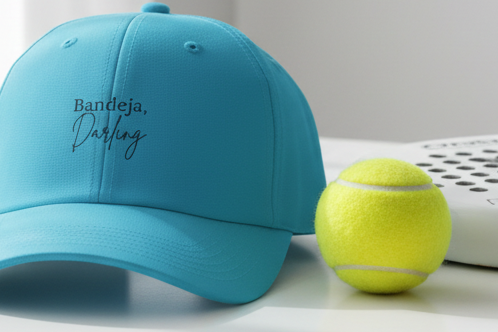 Blue cap sitting next to tennis ball