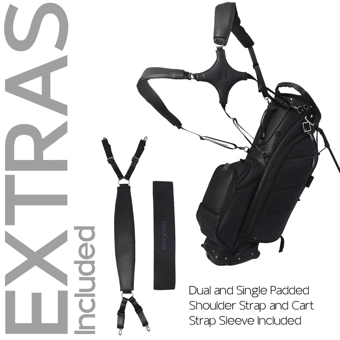 Black golf bag with shoulder strap and cart strap sleeve on a white background