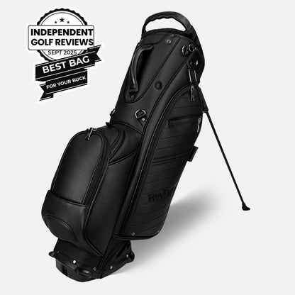 Black golf bag with 'Independent Golf Reviews Best Bag for Your Buck' badge on a white background