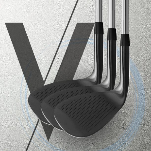 Set of black golf clubs on a gray background