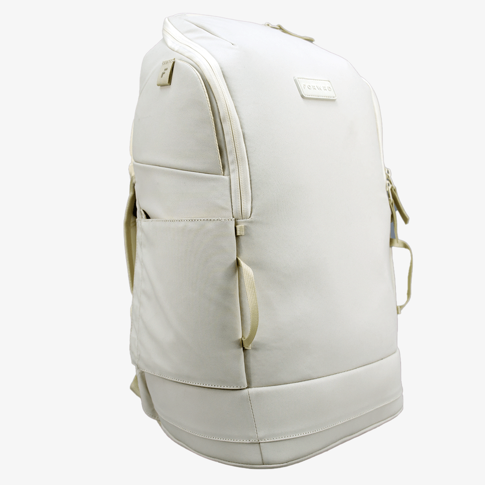 Light gray backpack with beige straps on a white background