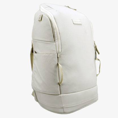 Light gray backpack with beige straps on a white background