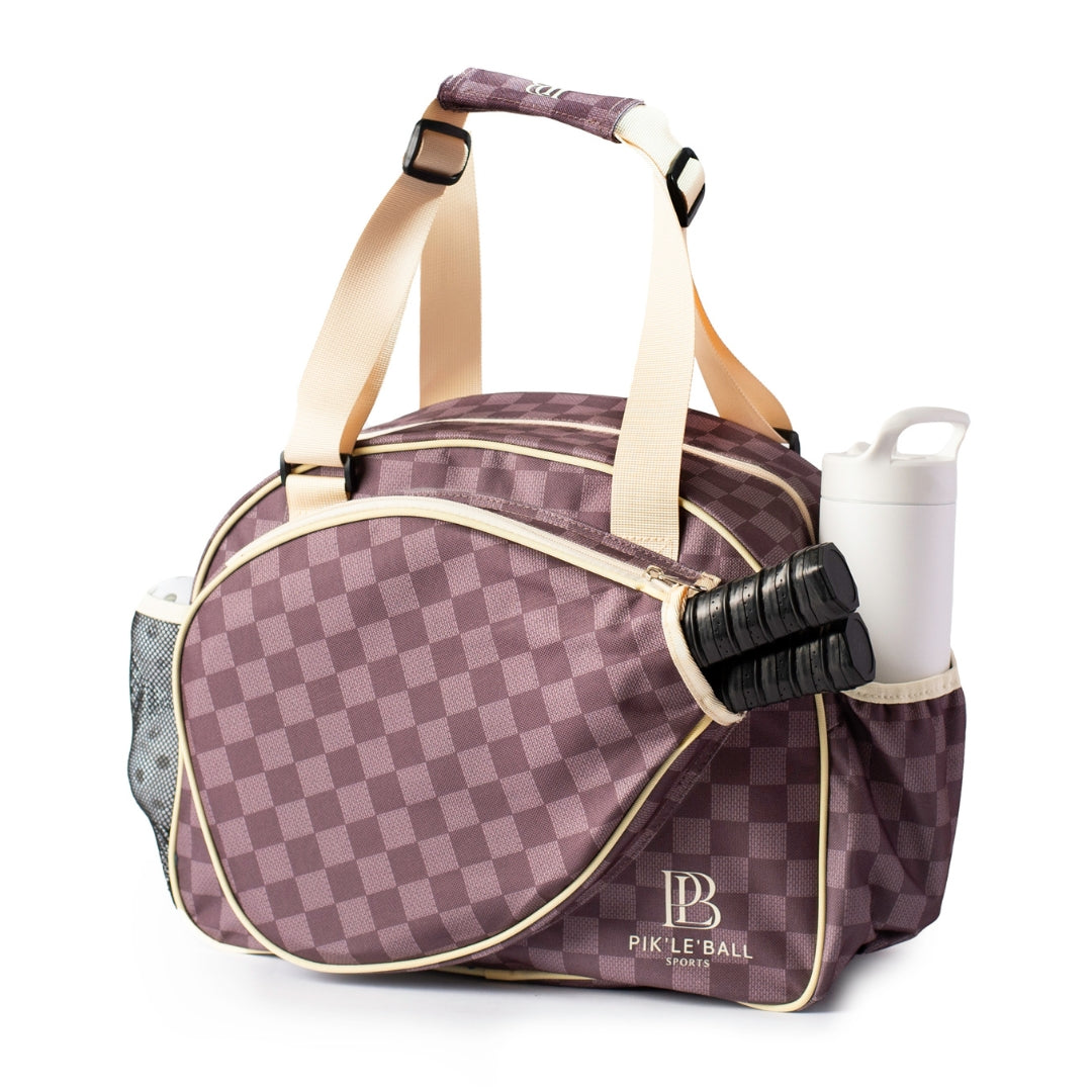 Checkered sports bag with handles and a pocket on a white background
