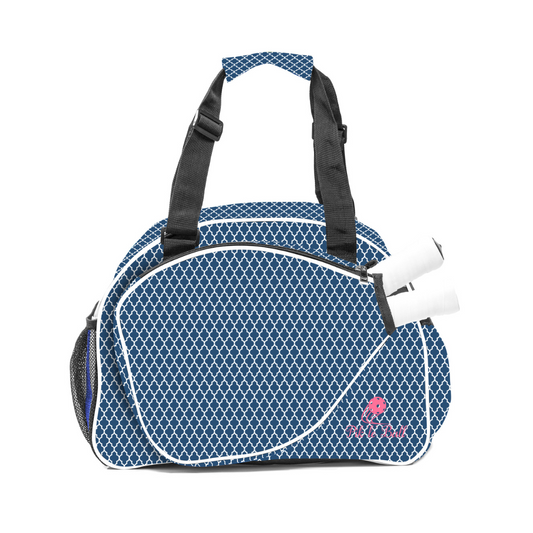 Blue patterned duffel bag with a black handle and white accent on a white background