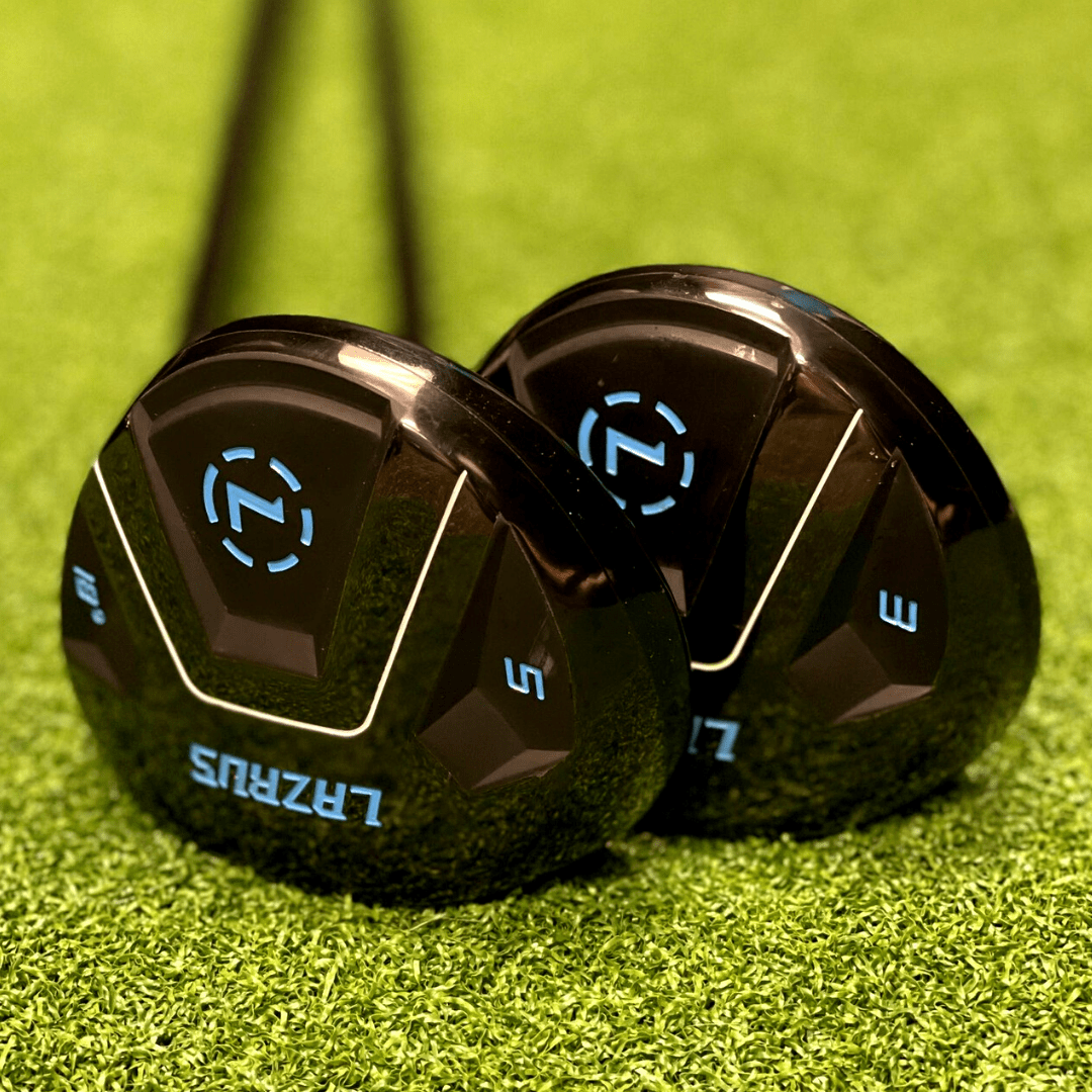 Two Lazarus golf club heads with a brand logo on a green background