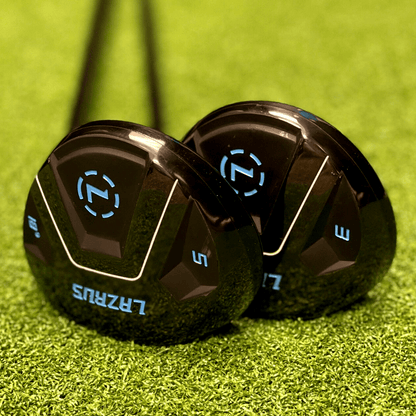 Two Lazarus golf club heads with a brand logo on a green background