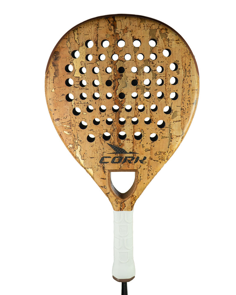 Cork paddle with cork texture and white handle on a white background