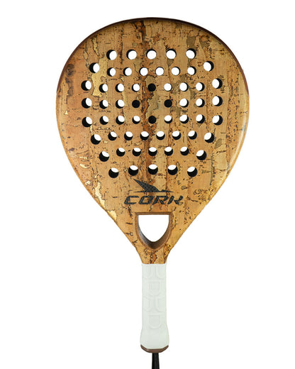 Cork paddle with cork texture and white handle on a white background