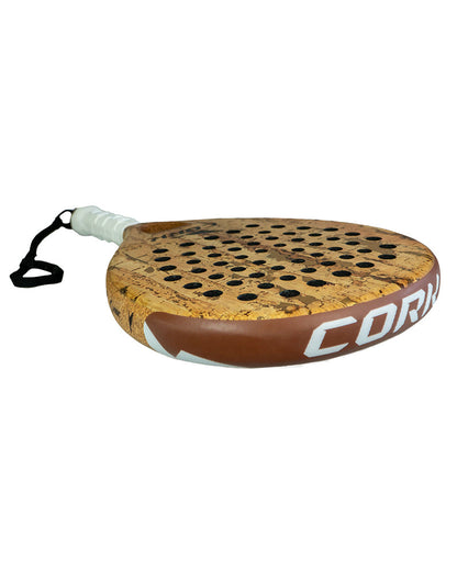 Cork paddle with a white handle on a white background