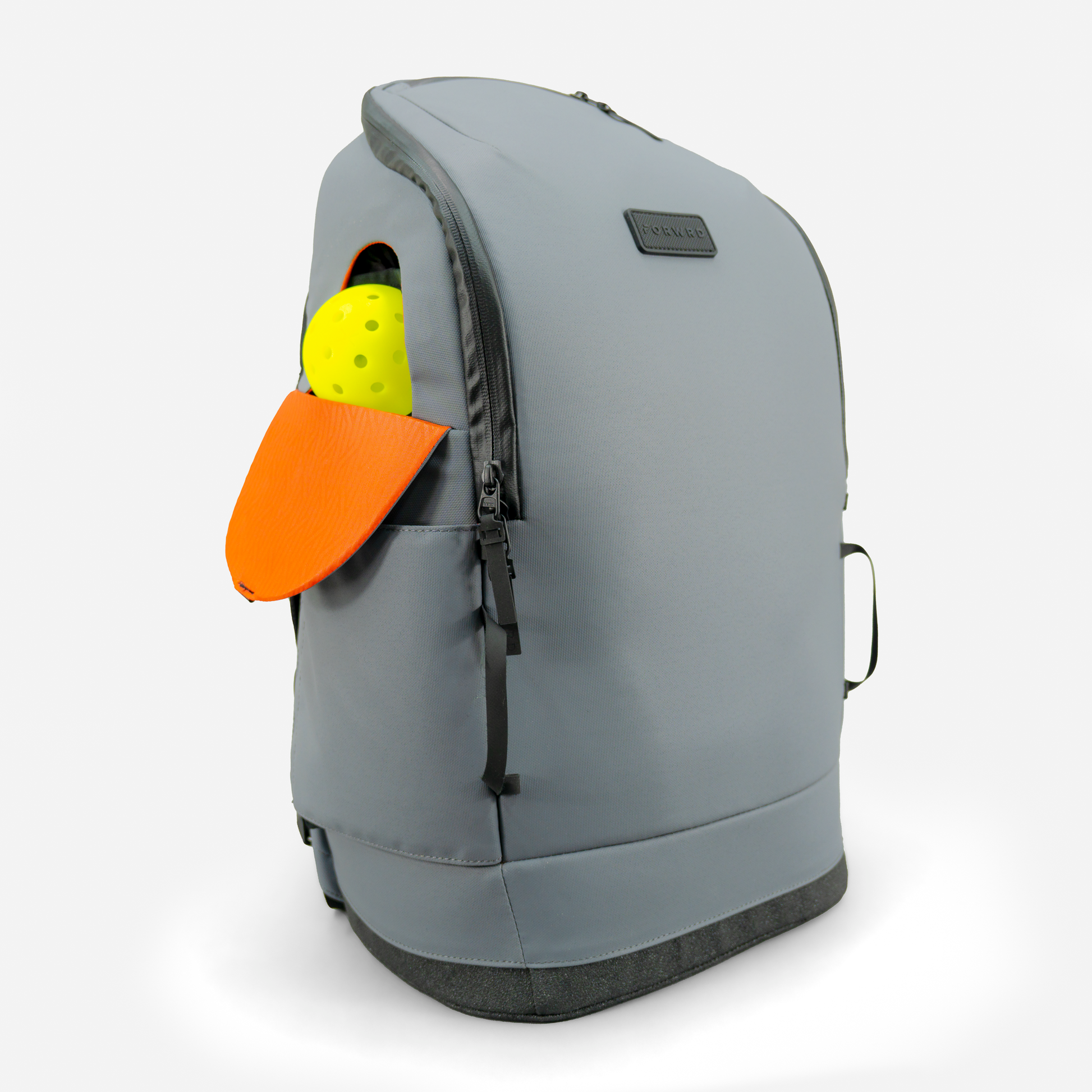 Gray backpack with an orange paddle and yellow ball on a white background
