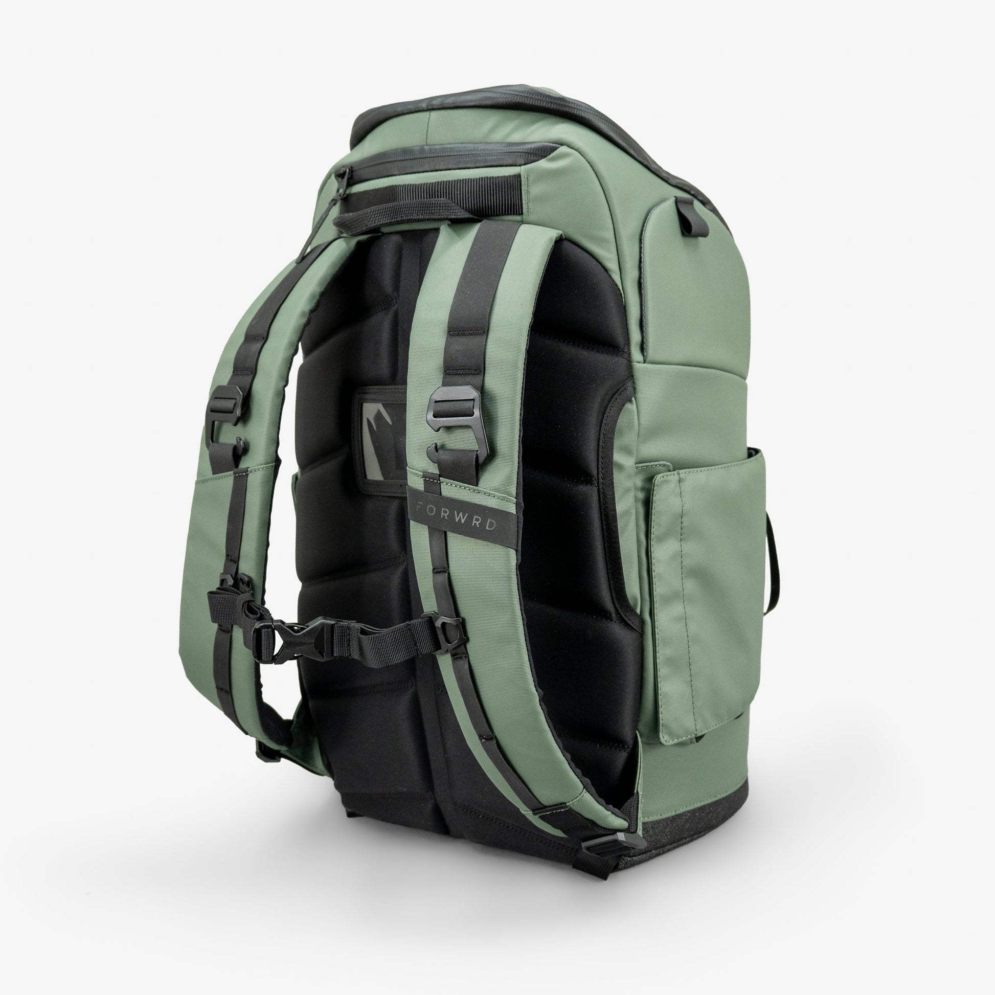 Green backpack with black straps on a white background