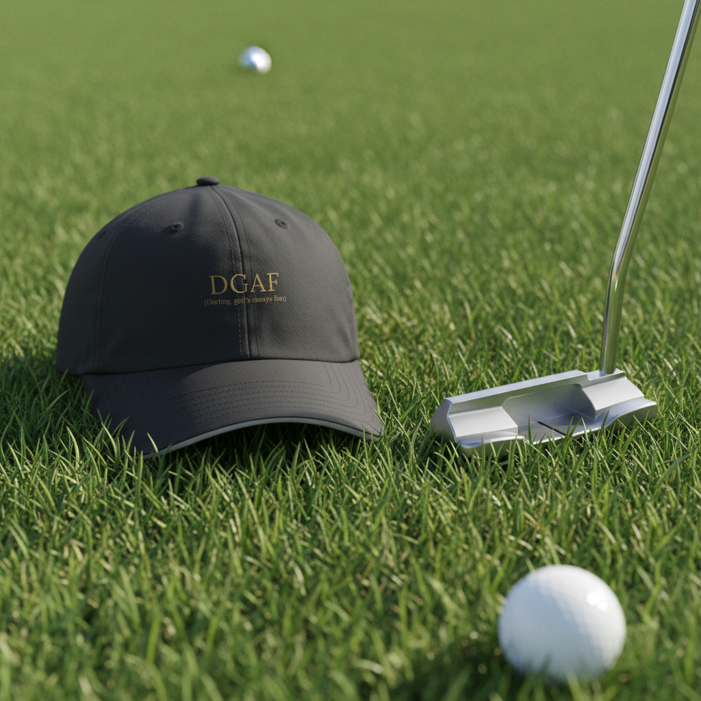Golf cap with 'DGAF' on a golf course with a putter and golf ball.