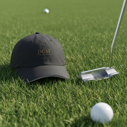 Golf cap with 'DGAF' on a golf course with a putter and golf ball.