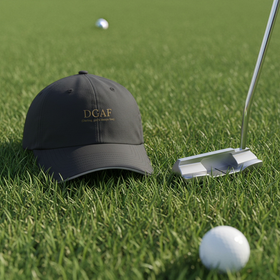 Golf cap with 'DGAF' on a golf course with a putter and golf ball.