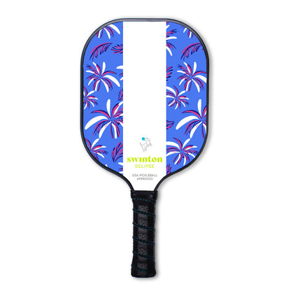 Pickleball paddle with blue palm tree pattern on a white background