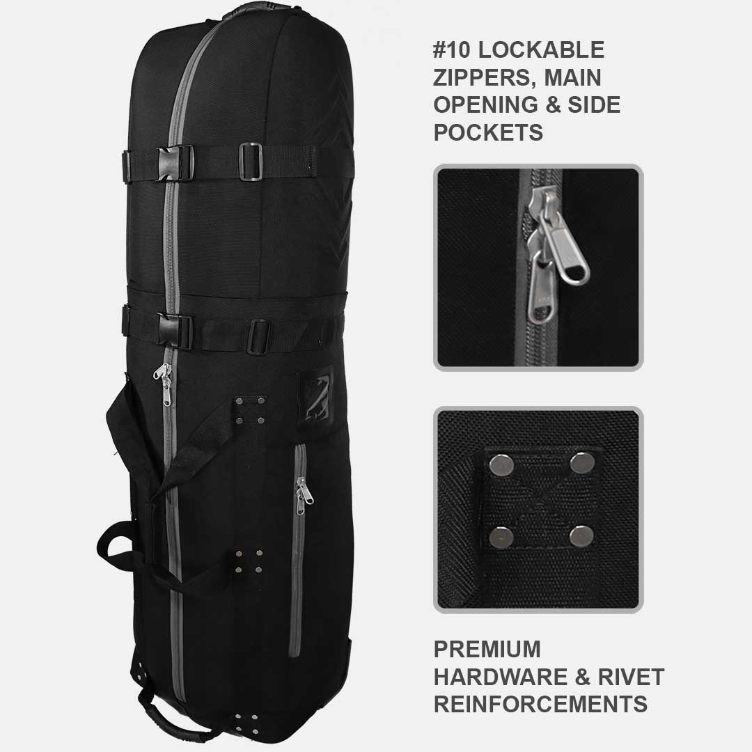 Black travel bag with lockable zippers, main opening, side pockets, premium hardware, and rivet reinforcements on a white background.
