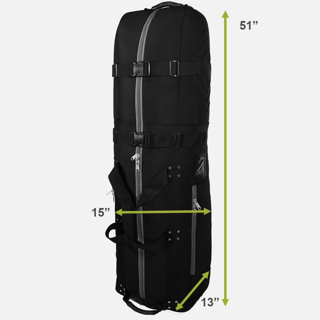 Black travel bag with measurements on a white background
