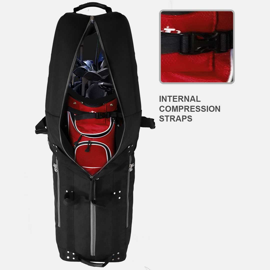 Black golf bag with red interior and internal compression straps, showing a close-up of the interior.